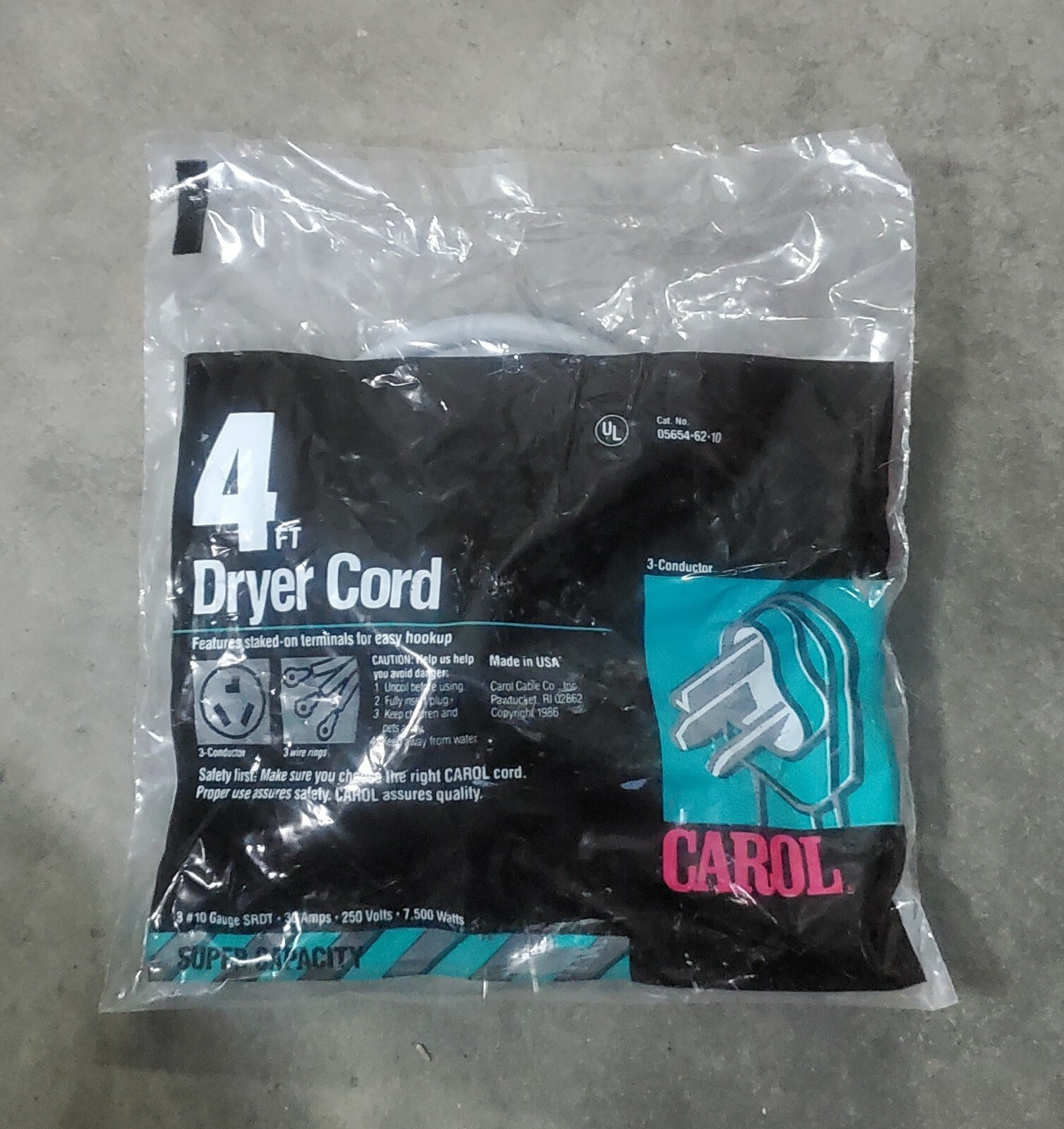 Dryer Cord 4′ MFG by Carol 05654-62-10 3 Conductor New in Package