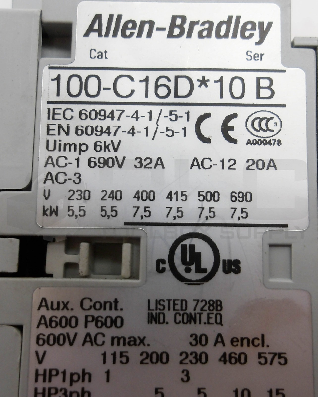 ALLEN BRADLEY 100-C16D*10 /B CONTACTOR 690V 32A AC-12 20A