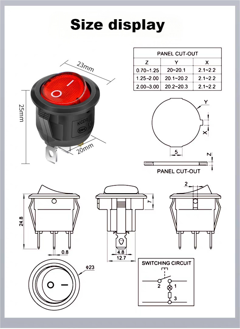 1PCS SPST 3 Pin ON/OFF Round Rocker Switch w/ Red Neon Lamp 10A/125VAC