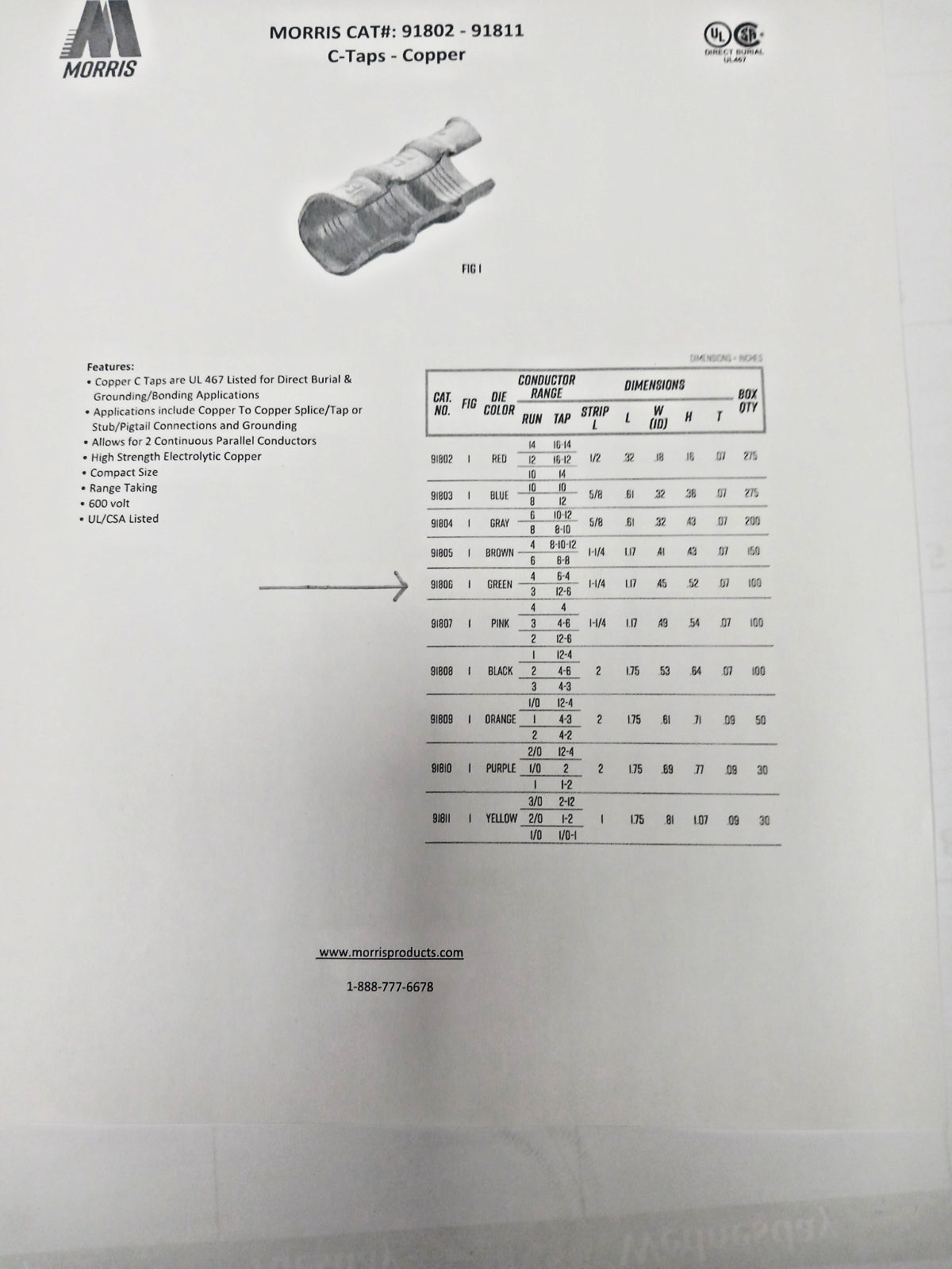 MORRIS 91806 C-TAP – Cu SPLICE/TAP GROUNDING APPLICATIONS (SOLD AS 1 LOT OF 136)