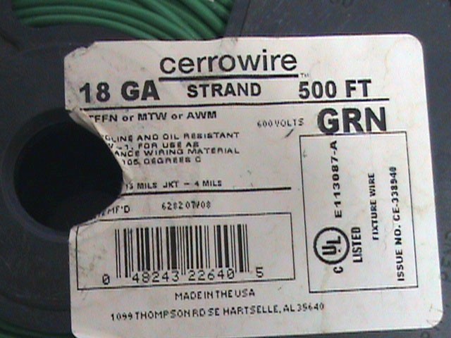 375 + feet Green Cerrowire 18 awg TFFN MTW AWM 600 V Stranded Green