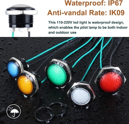 16mm 110VAC 125VAC Metal Indicator Light Waterproof IP67 Single Lamp LED
