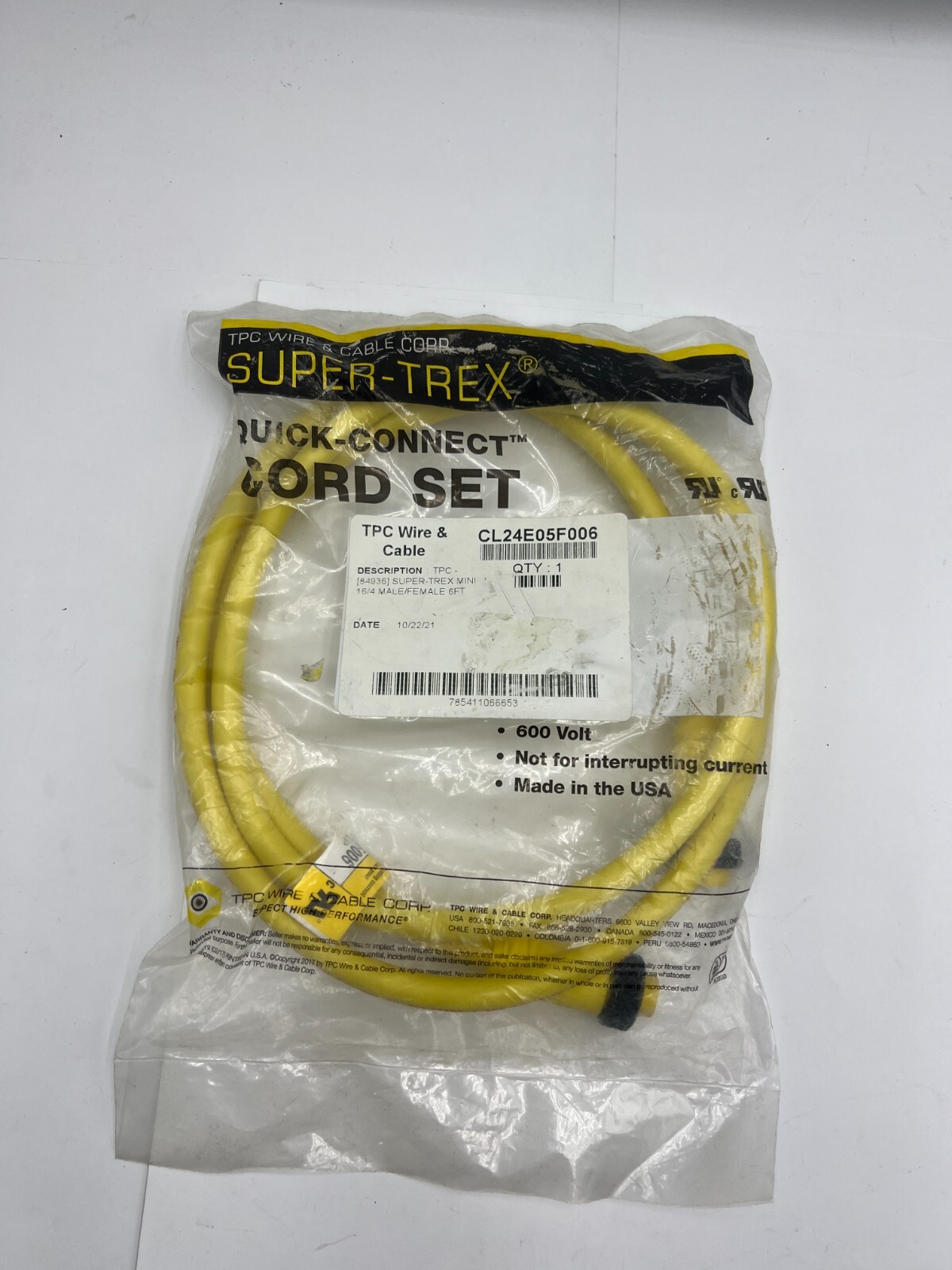 TPC Wire & Cable Super-Trex CordSet Mini 16/4 Male/Female 6 Ft CL24E05F006