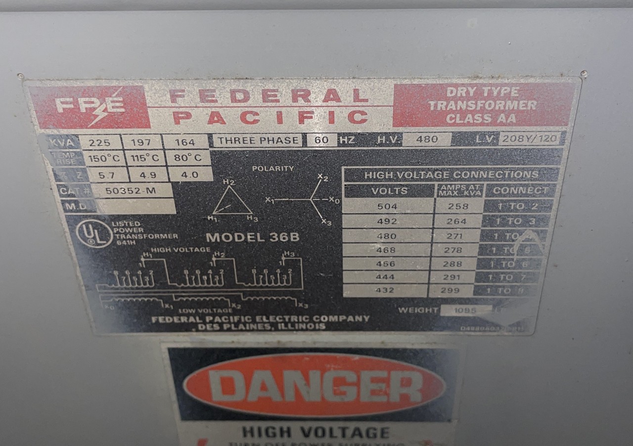 FEDERAL PACIFIC Transformer 50352-M 225kva 3 Phase 480-208/120 Nema 3R