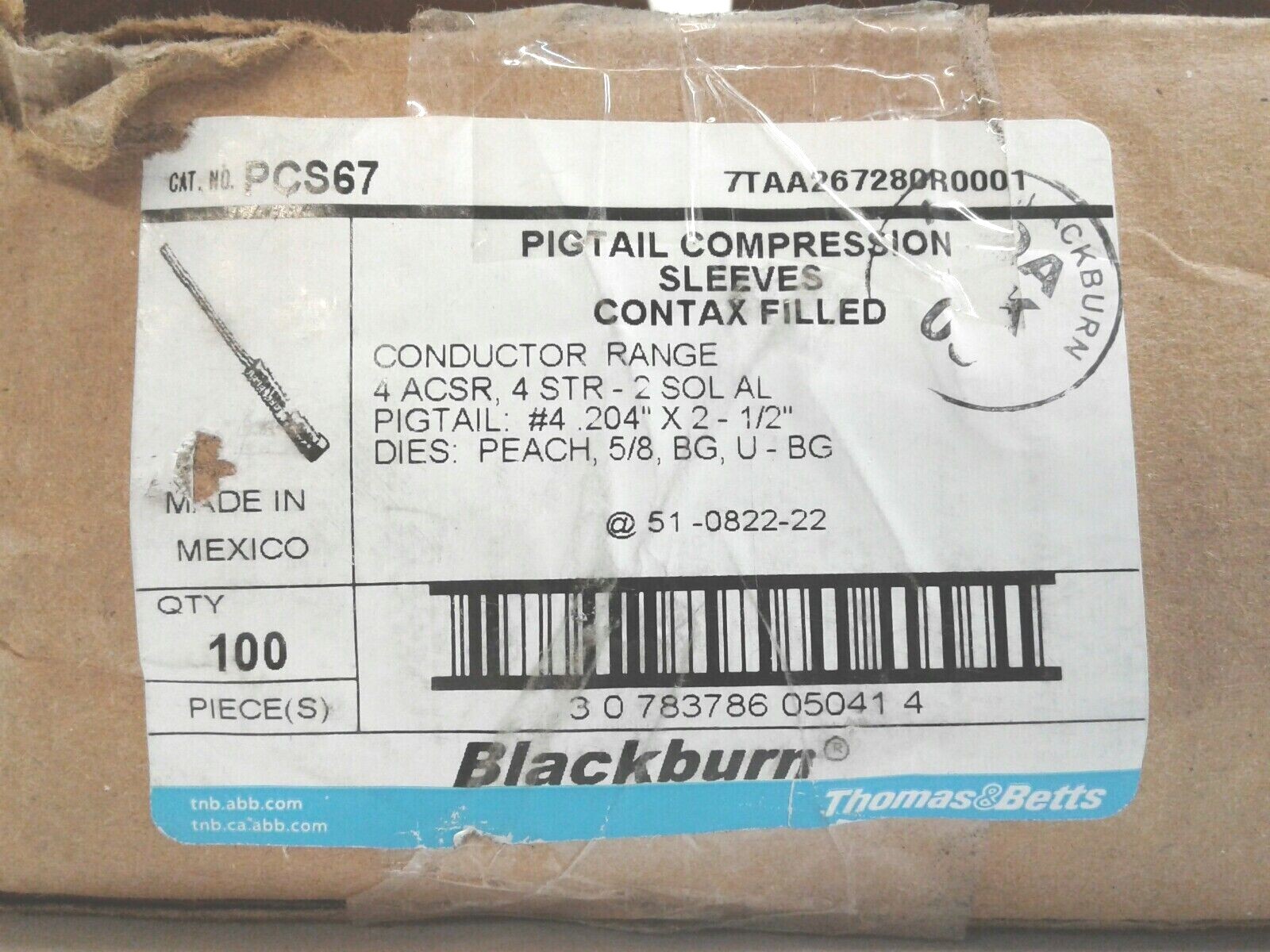 Thomas&Betts Blackburn Pigtail Compression Sleeves Contax Filled PCS67 Qty 100