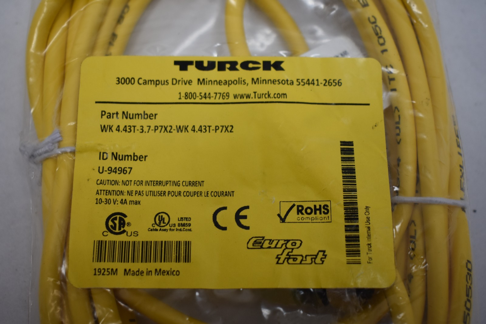 Turck Sunlight Resistant or PLTC 105C WK 4.43T-3.7-P7X2-WK 4.43-P7X2 U-94967