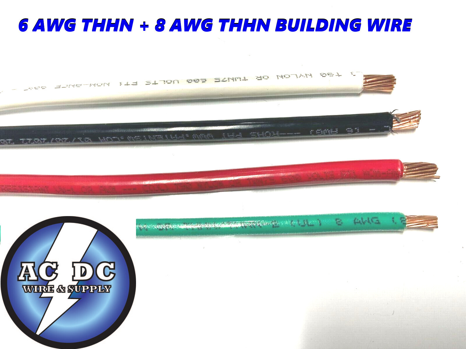 85′ EA THHN THWN 6 AWG GAUGE BLACK WHITE RED COPPER WIRE + 85 8 AWG GREEN