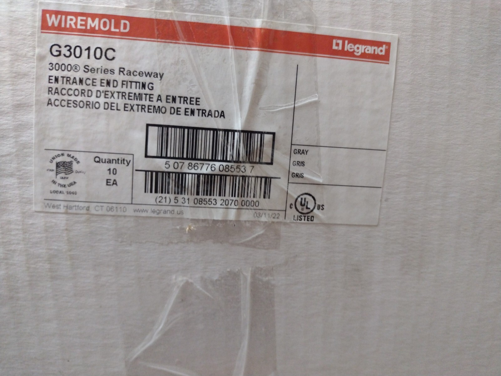 WIREMOLD G3010C ENTRANCE END FITTINGS FOR 3000 SERIES RACEWAY GRAY NEW BOX OF 10
