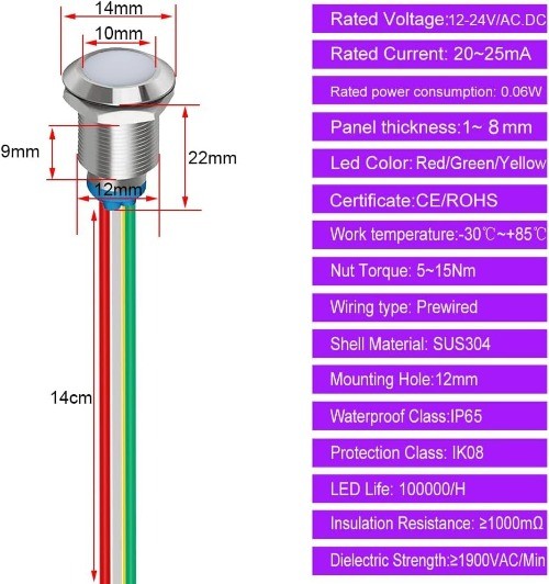 Tri Color Green Red Yellow 12mm 1/2 Inch Energy Saving LED Indicator Light 12V