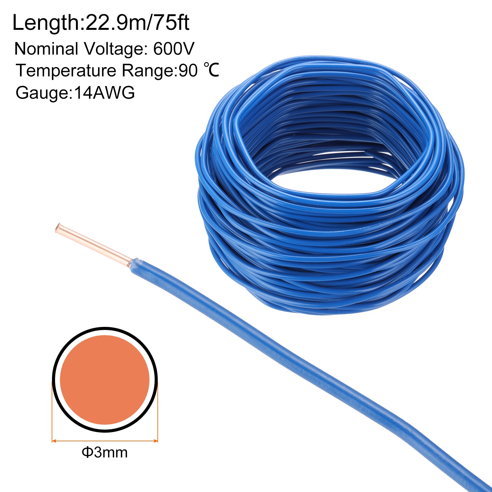 75 Feet Electrical Wire Insulated Solid Copper 14 AWG THHN Wire UL listed,Blue