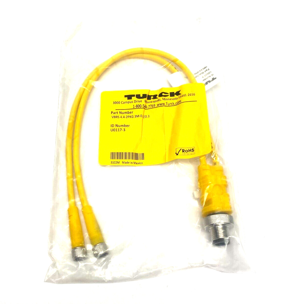 Turck VBRS 4.4-2PKG 3M-0.3/0.3 Molded Twin Junction Cable U0117-3