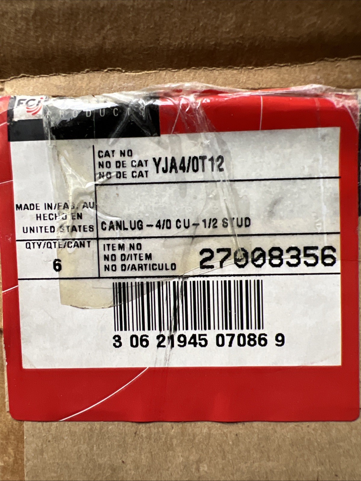 Box Of 6 Burndy YJA4/0T12 Terminal Lug 1/2in
