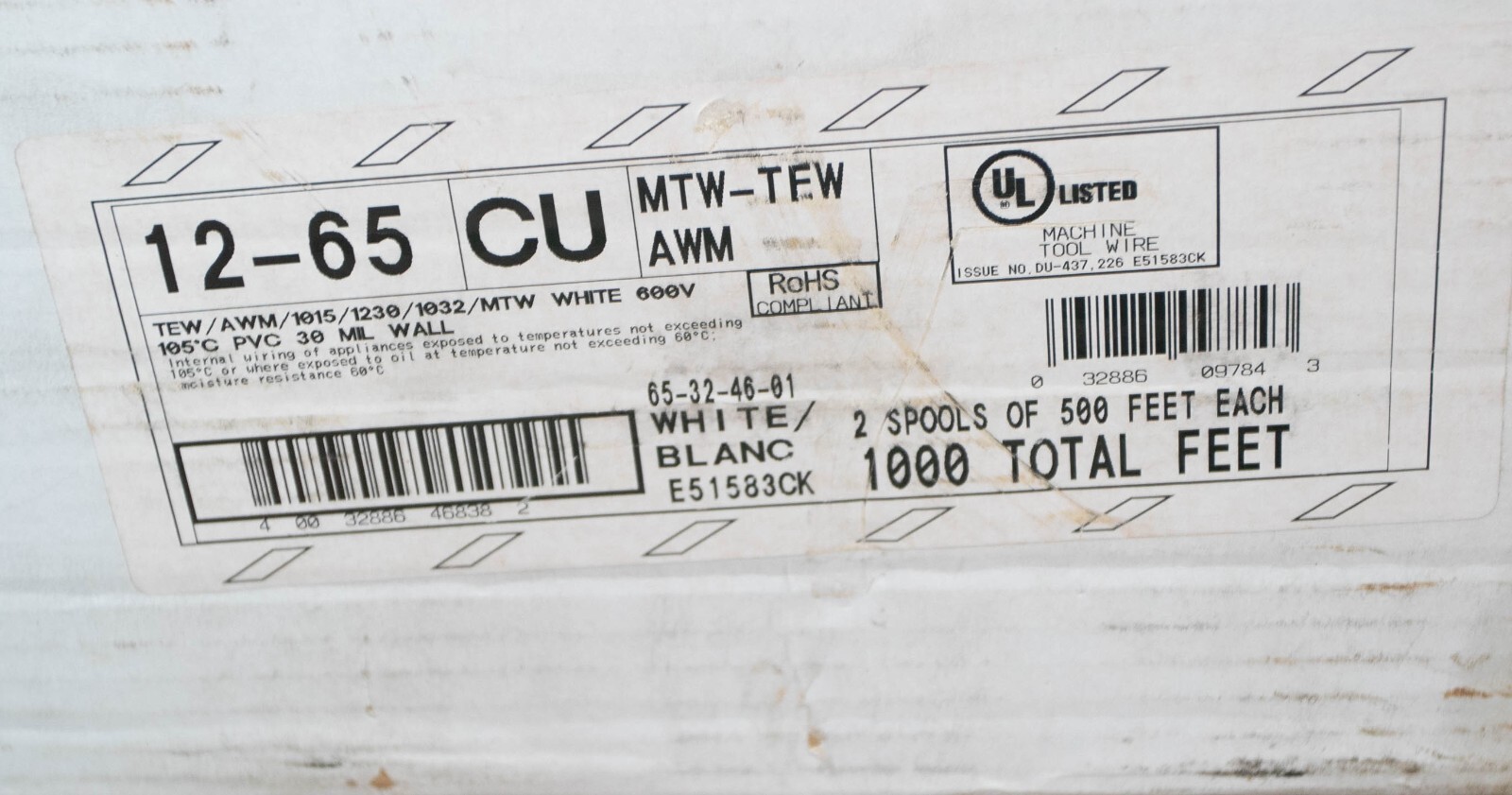 White TEW MTW 12awg 65/30 600v PVC Wire 500 Ft