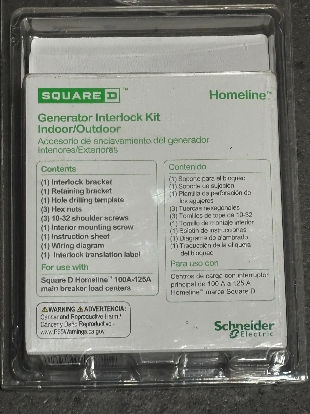 Homeline Square D Generator Interlock Kit Indoor/Outdoor HOMCRBGK1C 100-125A