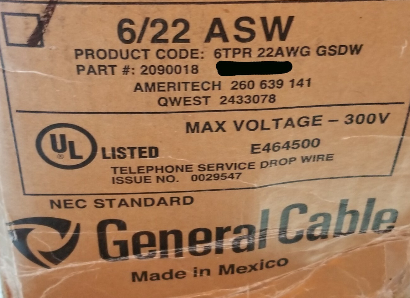 General Cable 2090018 22/6P NM Support Telephone Service Drop Wire ASW Blk/50ft