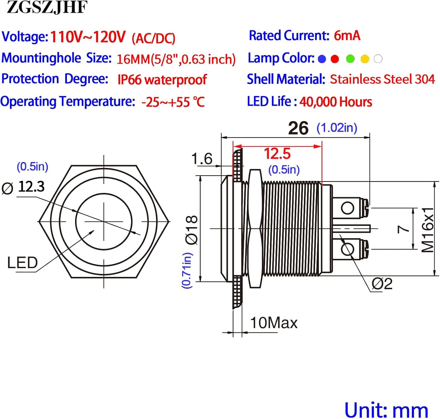 16mm 5/8 Inch LED Signal Indicator Light 110V 120V AC DC Indicator Light