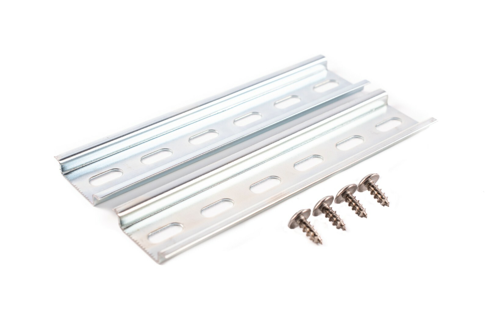 Slotted Steel Zinc Plated DIN Rail, 35mm x 6″, Silver – 2 Units + 4 #10 SS Screw