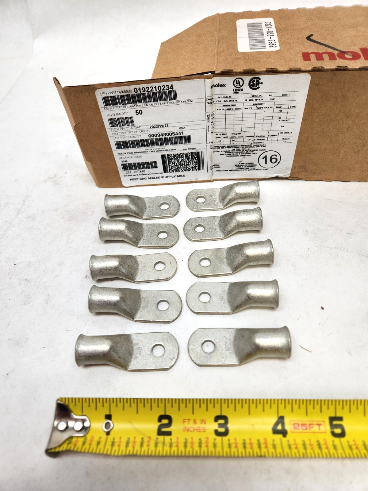 10 Tin Plated Copper Ring Lug Terminal Connector #2/0 Wire Gauge 1/4″ Stud MOLEX