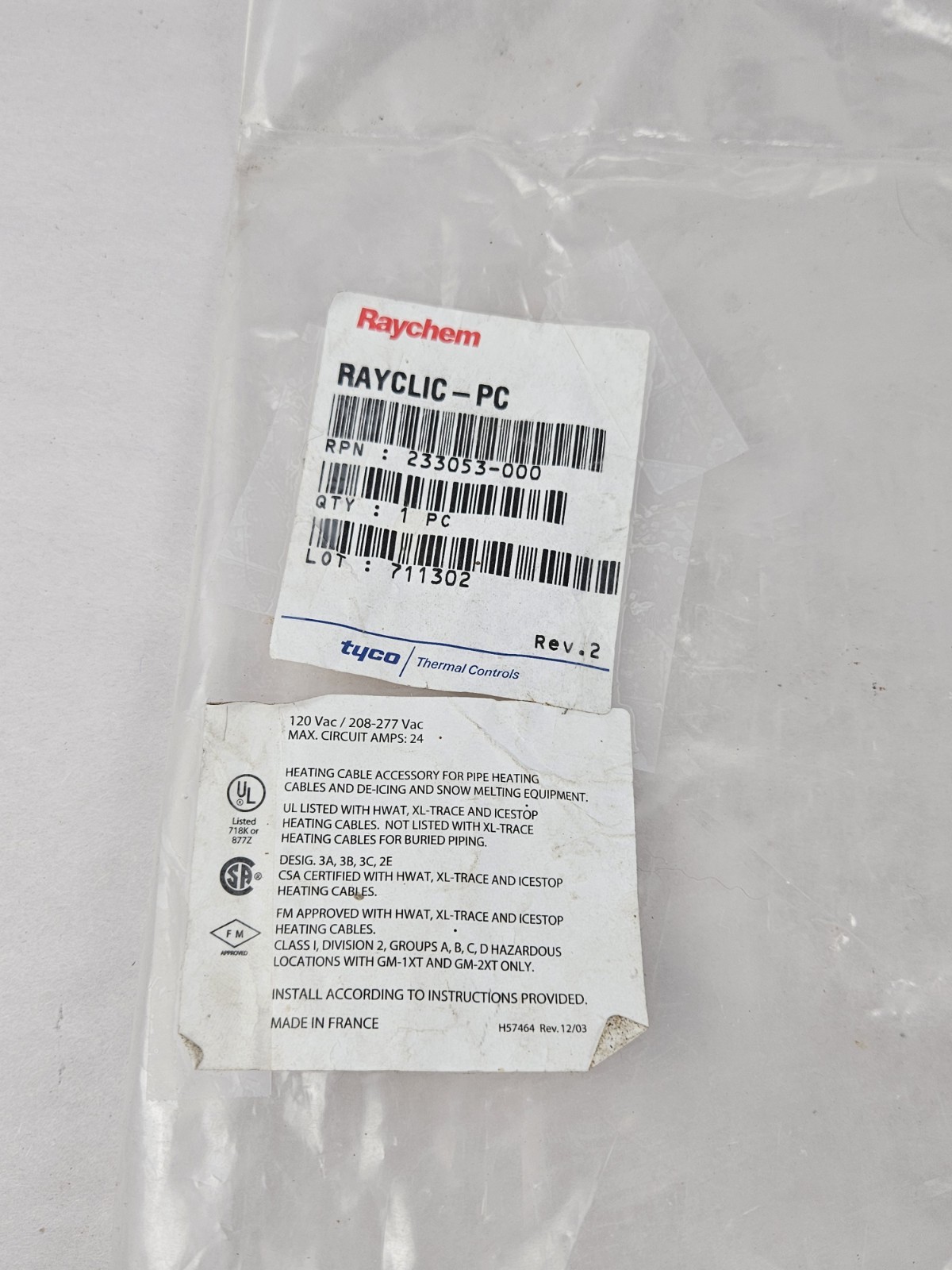 Raychem Rayclic-PC 233053-000 Power Connection Kit w/ End Seal Incomplete