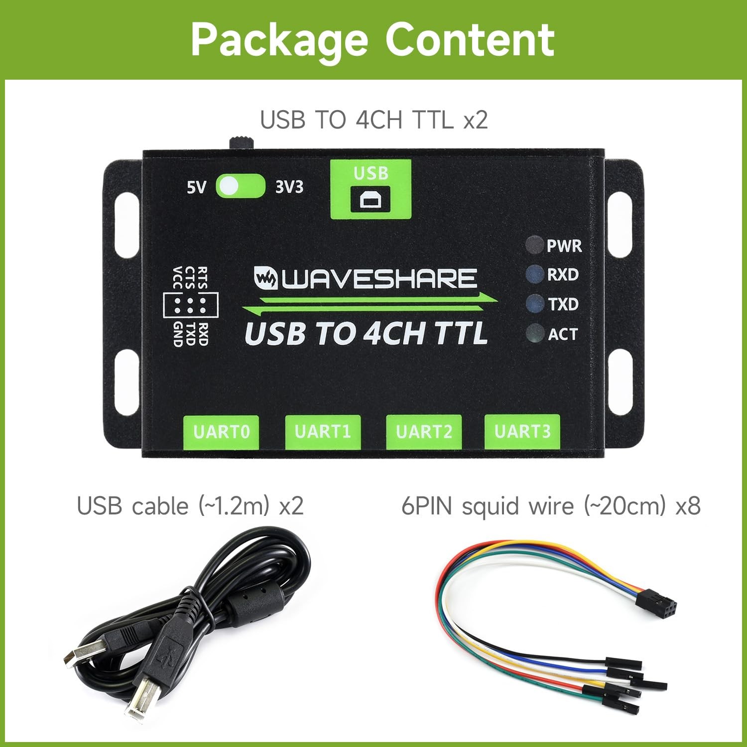 Waveshare 2PCS Industrial USB to 4CH TTL Converter for USB to UART Multi Prot