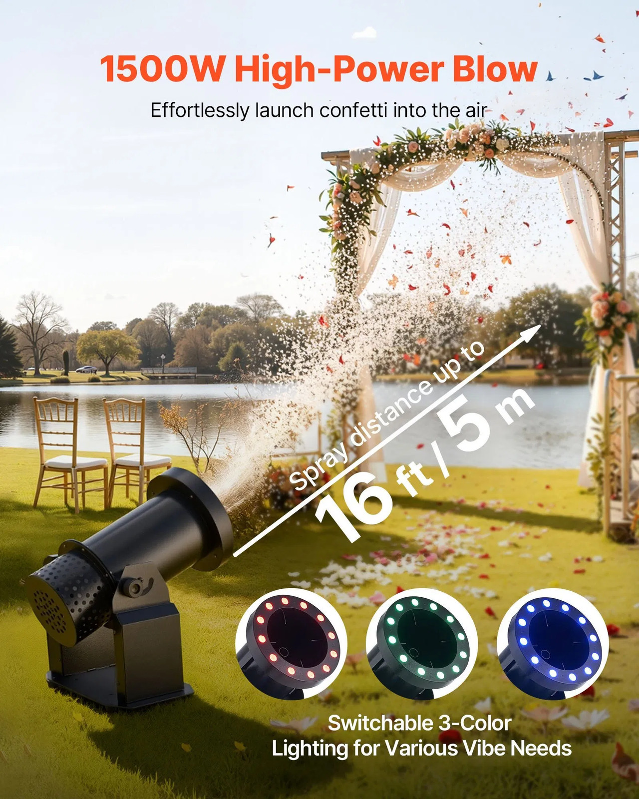 Electric Confetti Machine with LED Lights, 1500W Powerful Output Confetti Cannon