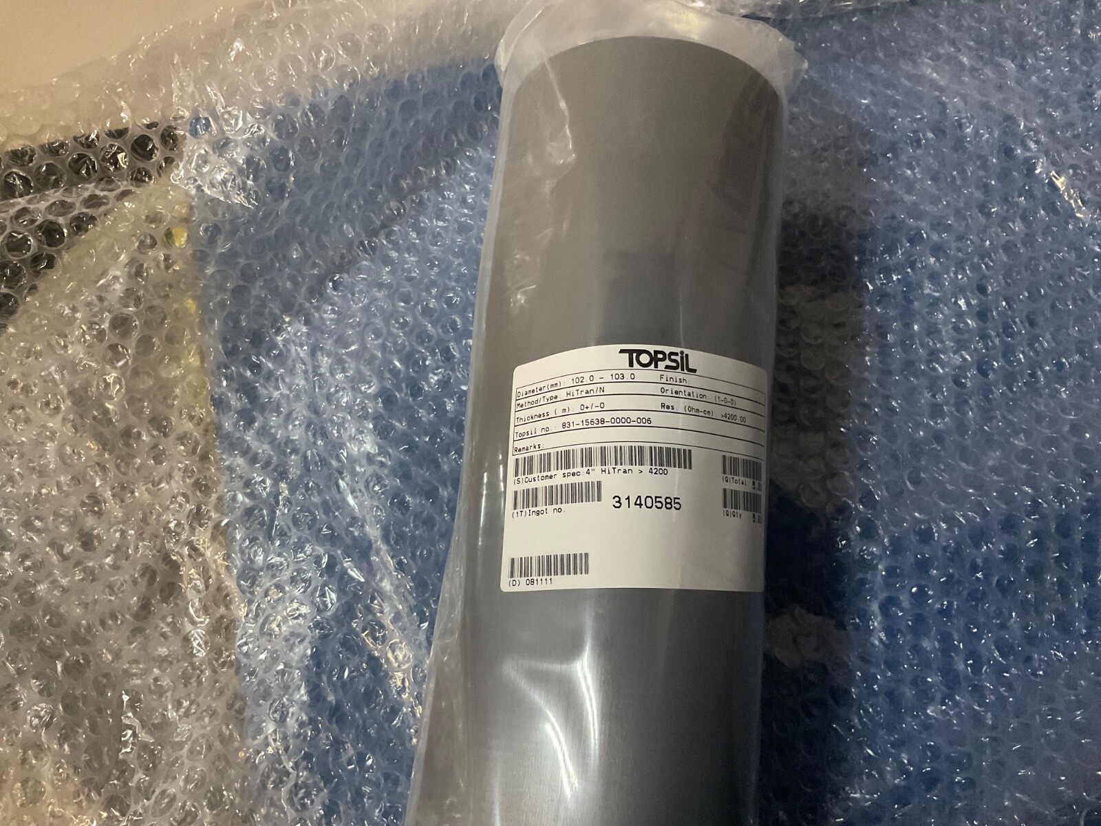 Silicon Si Crystal Ingot Wafer Material TOPSIL 4” diameter 4”HiTran 4200 NEW