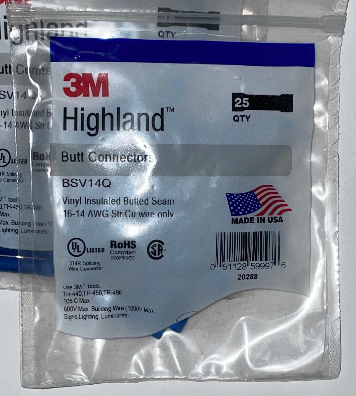 4 BAGS (100 pieces) 3M Highland BSV14Q Vinyl Insulated Butt Connectors 16-14 AWG