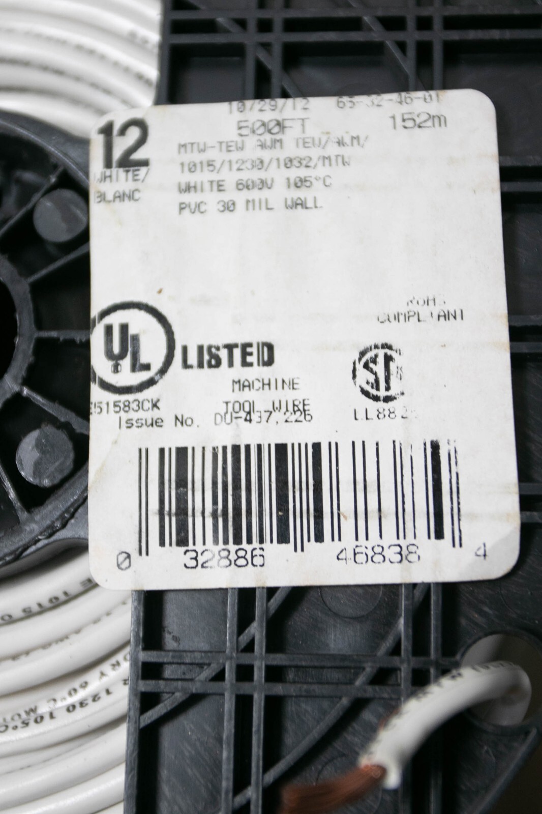 White TEW MTW 12awg 65/30 600v PVC Wire 500 Ft