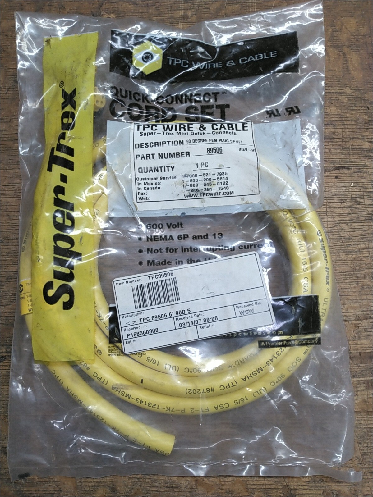 TPC 89506 Cordset 5-Pin 90° Elbow Female Plug 6′ Cable