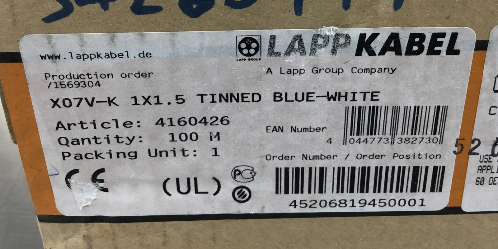 Lapp Kabel X07V-K 1X1.5 TINNED BLUE-WHITE Wire 6B-1