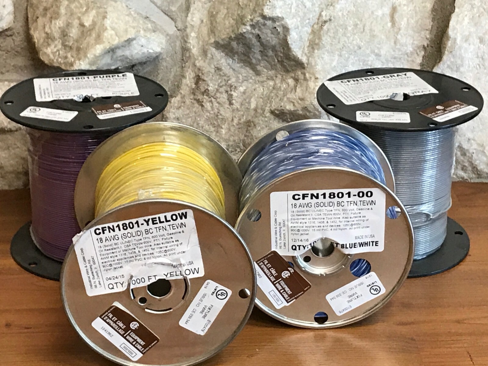 500 FT TFN/TEWN WIRE. 18 AWG SOLID BC 600 VOLT. MADE IN USA. 8 COLORS AVAIL.