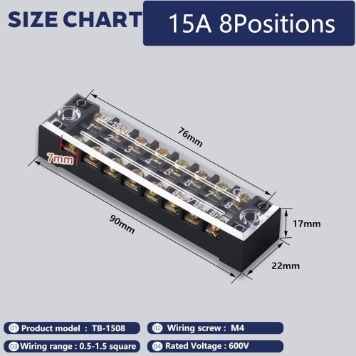 Terminal Block 2 Sets 8 Position Dual Row 600V 15A Screw Terminal Strip Cover