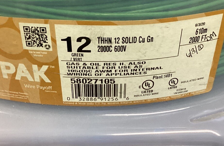 42lb. Of Southwire THHN #12 Solid Copper Green Wire (2000ft 52lb.).