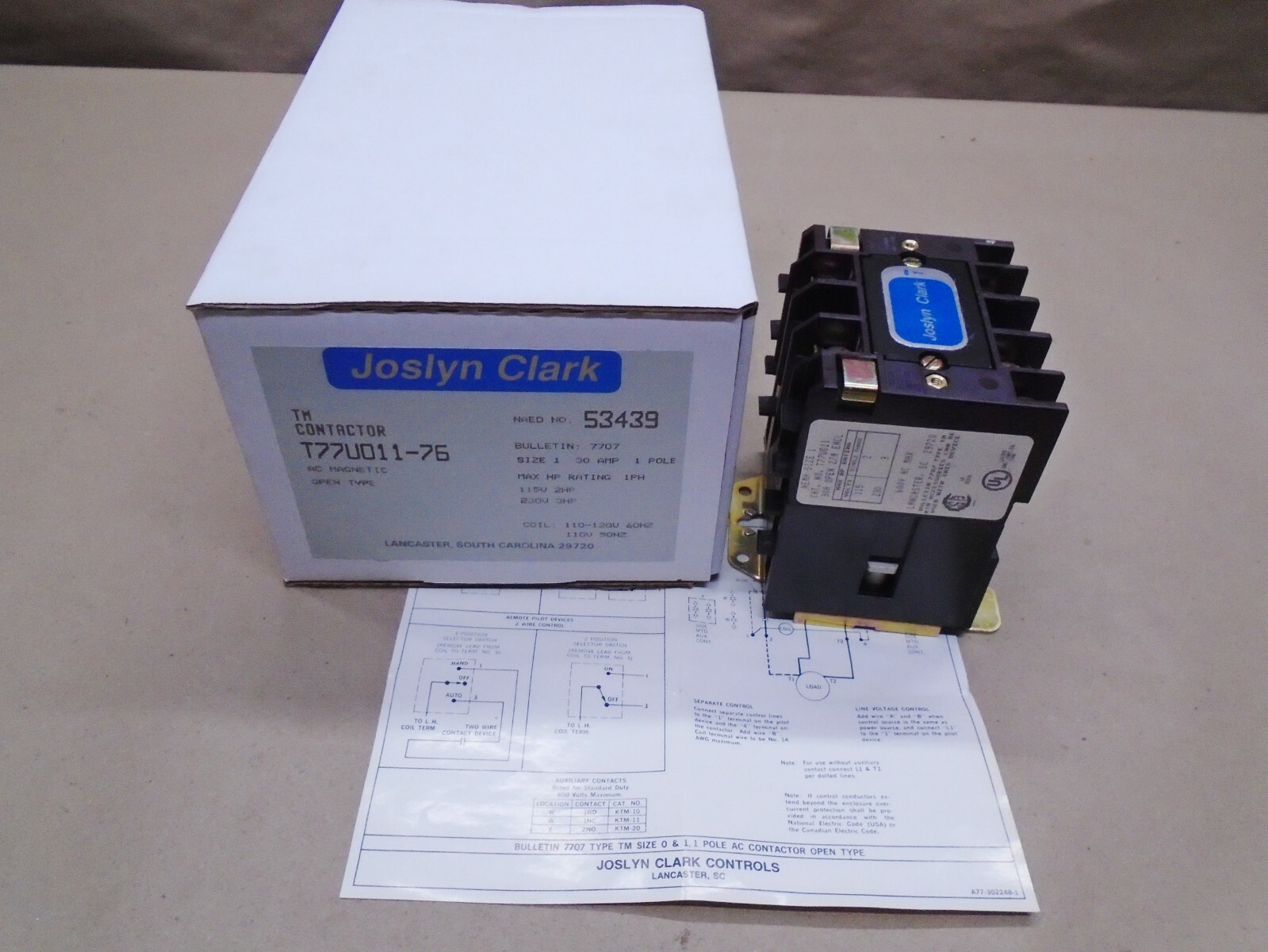 NEW Joslyn Clark T77U011-76 AC Magnetic Contactor Starter Size 1 30 Amp 1 Pole