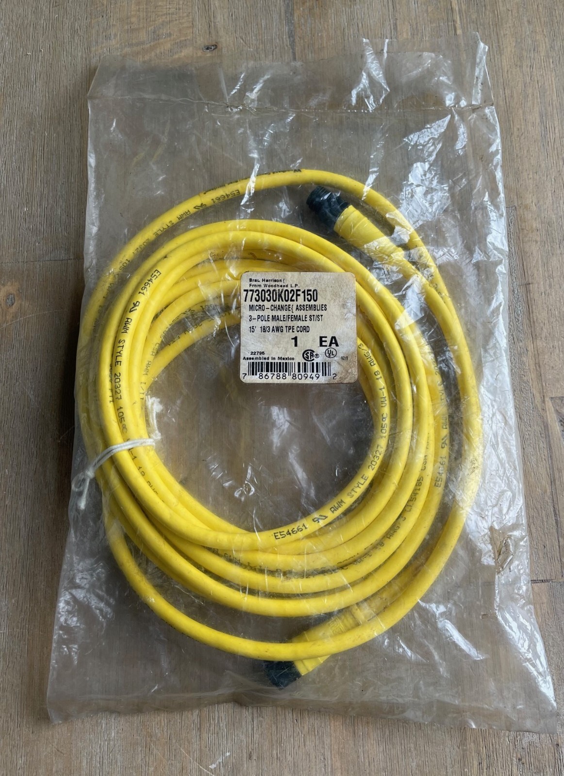 BRAD HARRISON WOODHEAD 773030K02F150 MICRO-CHANGE 3P M/F CORDSET 15′ 18/3AWG NEW