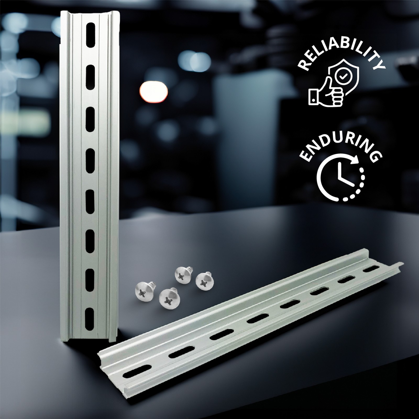 Slotted Aluminum DIN Rail, 35mm x 8”, Silver – 2 Pieces + 4 #10 S.S Screws