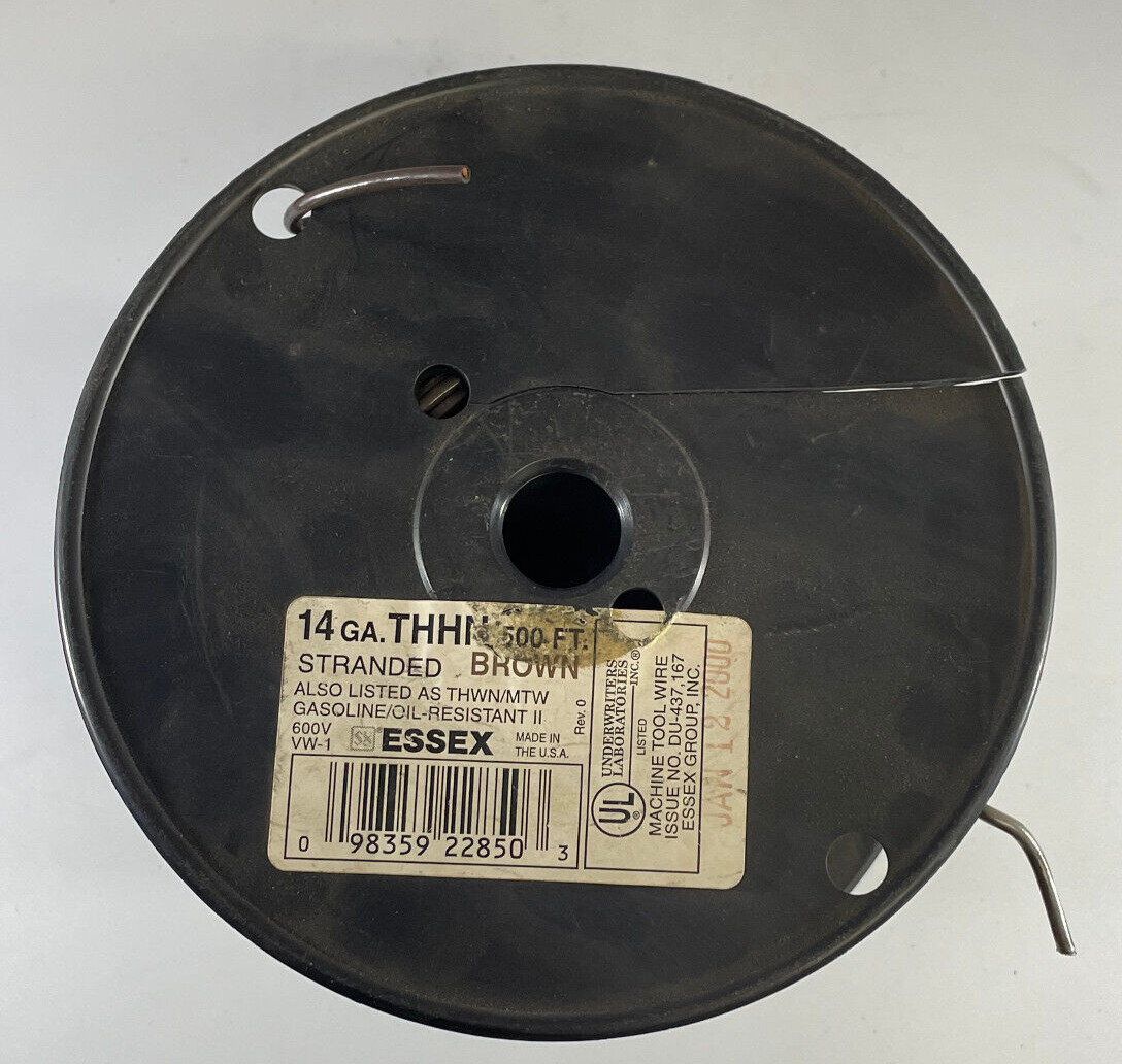 (100 FT) Essex 14 AWG Gauge Wire THHN Solid Spool Brown 600V Gas Oil Resist