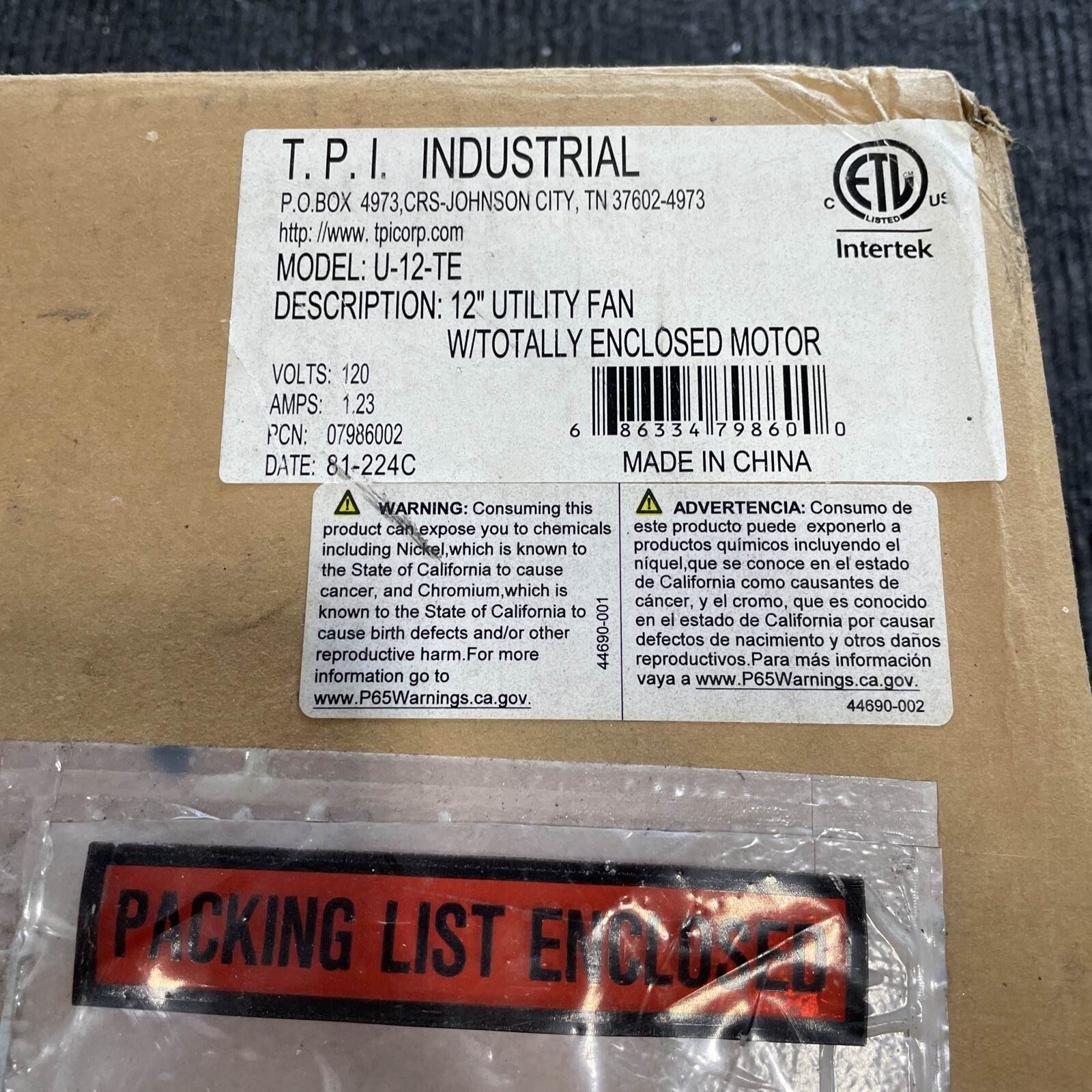 TPI Industrial Mounted Workstation Fan U-12-TE – B44p182w02 ***FREE SHIPPING***