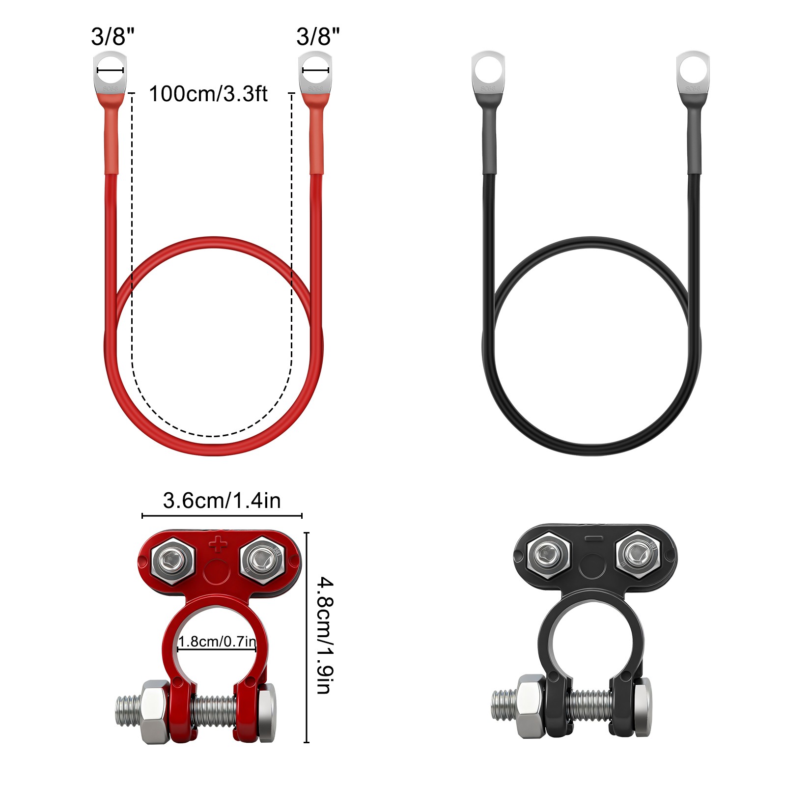 10AWG 100cm Connectors for Battery Terminals w/ 3/8″ Lugs Car Inverter Golf Cart
