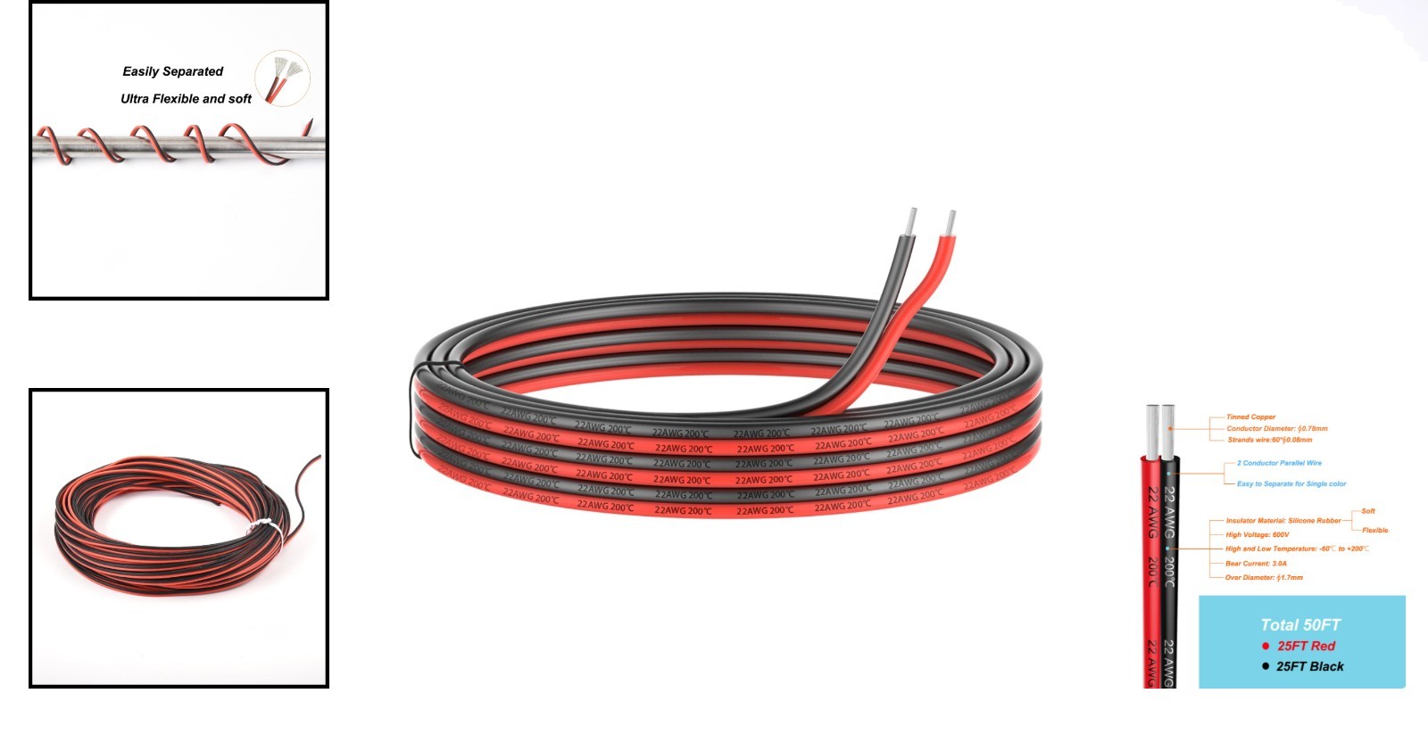 Durable 22 AWG Silicone Wire – 50ft Black & Red Tinned Copper for DIY Projects