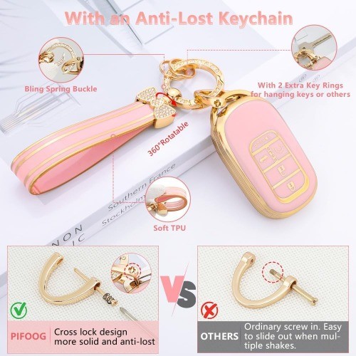 Pink Gold Girly Key Fob Cover Case for 2024-2023 Honda CR-V HRV Civic Accord Pil