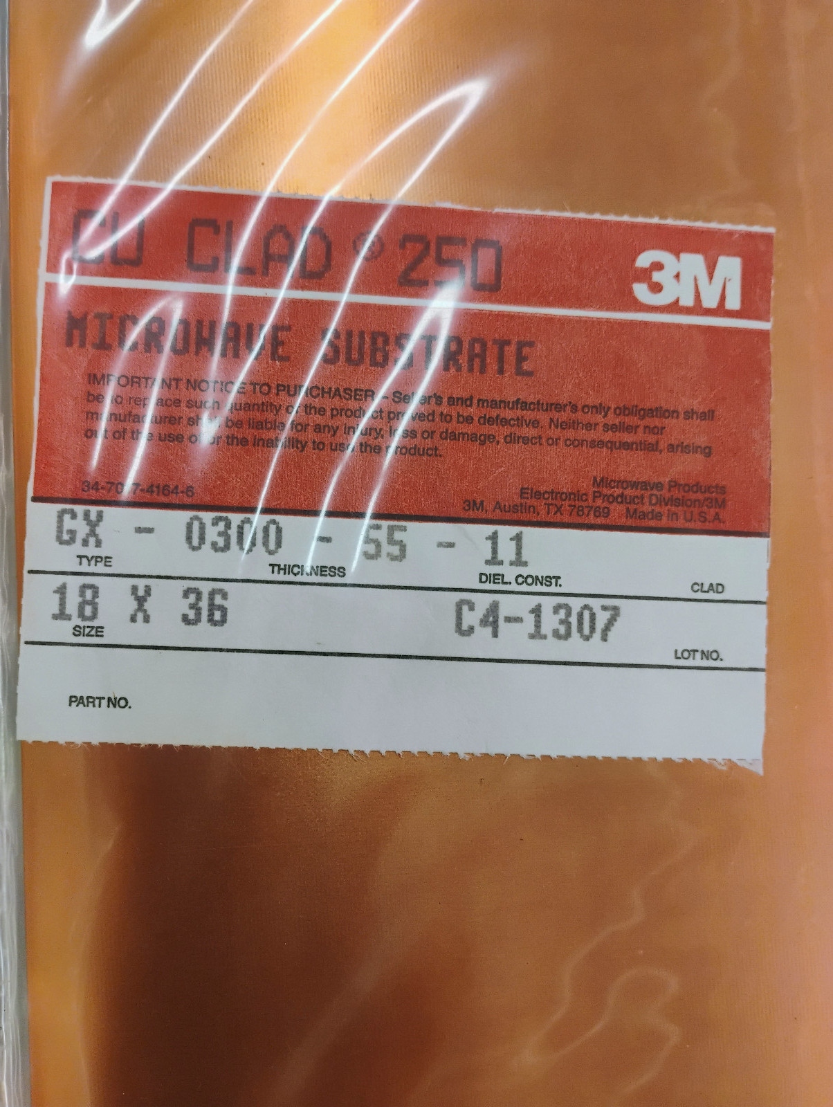 3M/Arlon Cuclad Microwave Copper Clad Laminate .030 1/1 18×36″