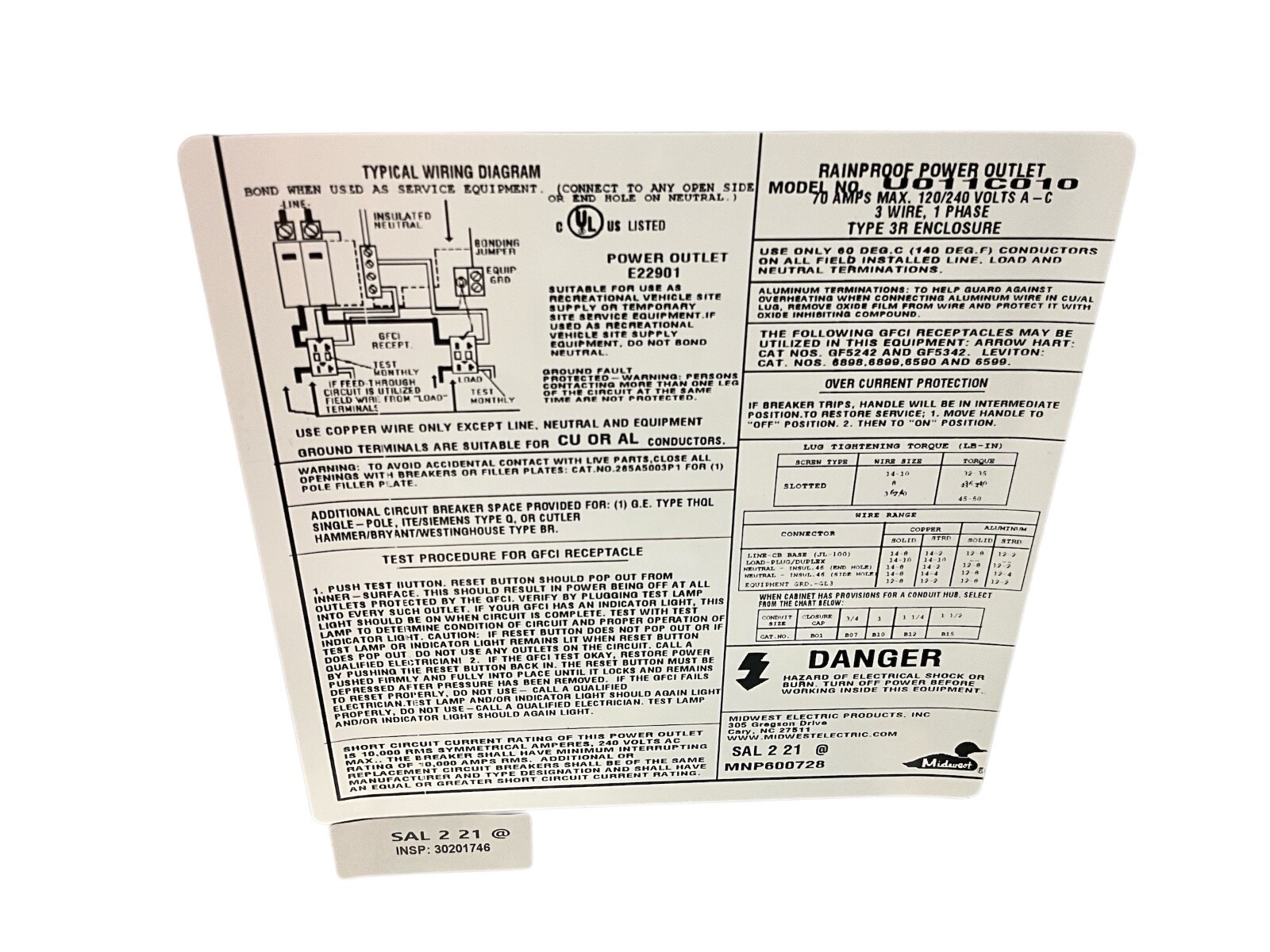 MIDWEST ELECTRIC U011C010 70A TYPE 3R RAINPROOF POWER OUTLET