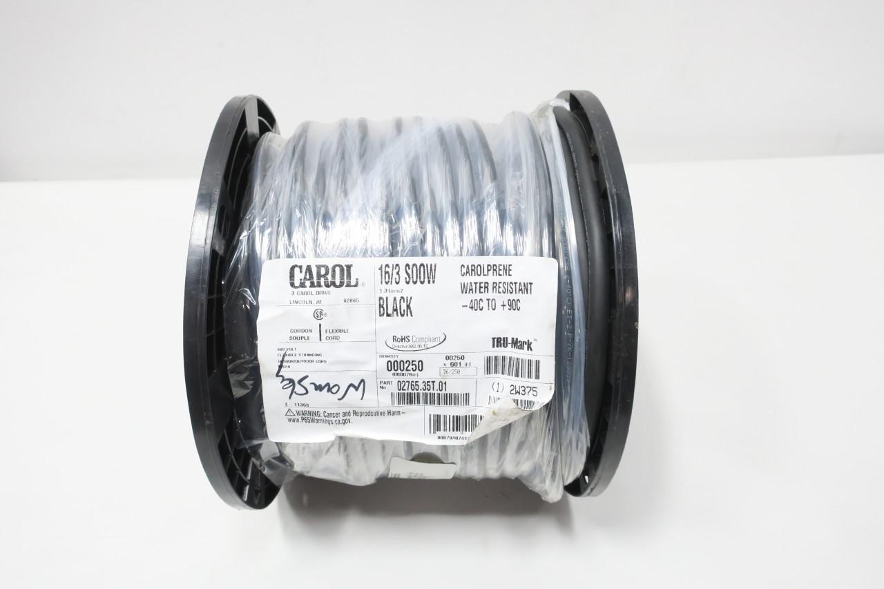 Carol Cable 02765.35T.01 Carolprene 16/3 Soow Black Wire 250ft