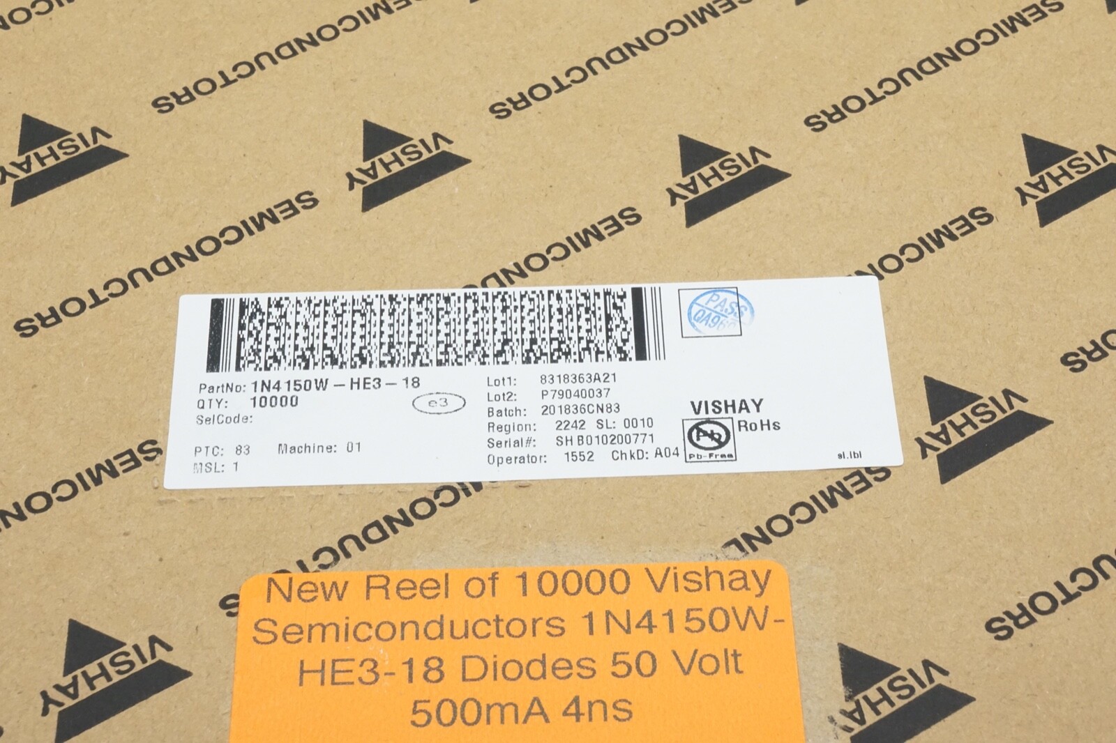 New Reel of 10000 Vishay Semiconductors 1N4150W-HE3-18 Diodes 50 Volt 500mA 4ns