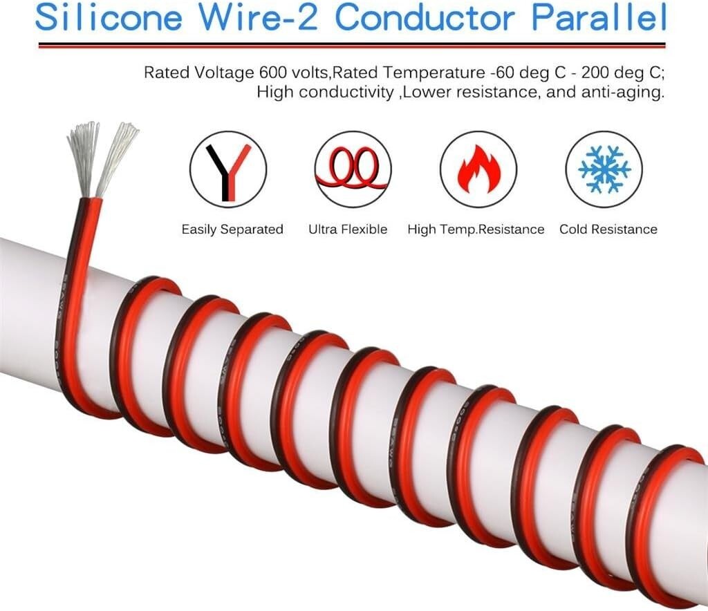22 Gauge Flexible 2 Conductor Parallel Silicone Wire Spool Red Black High Res…