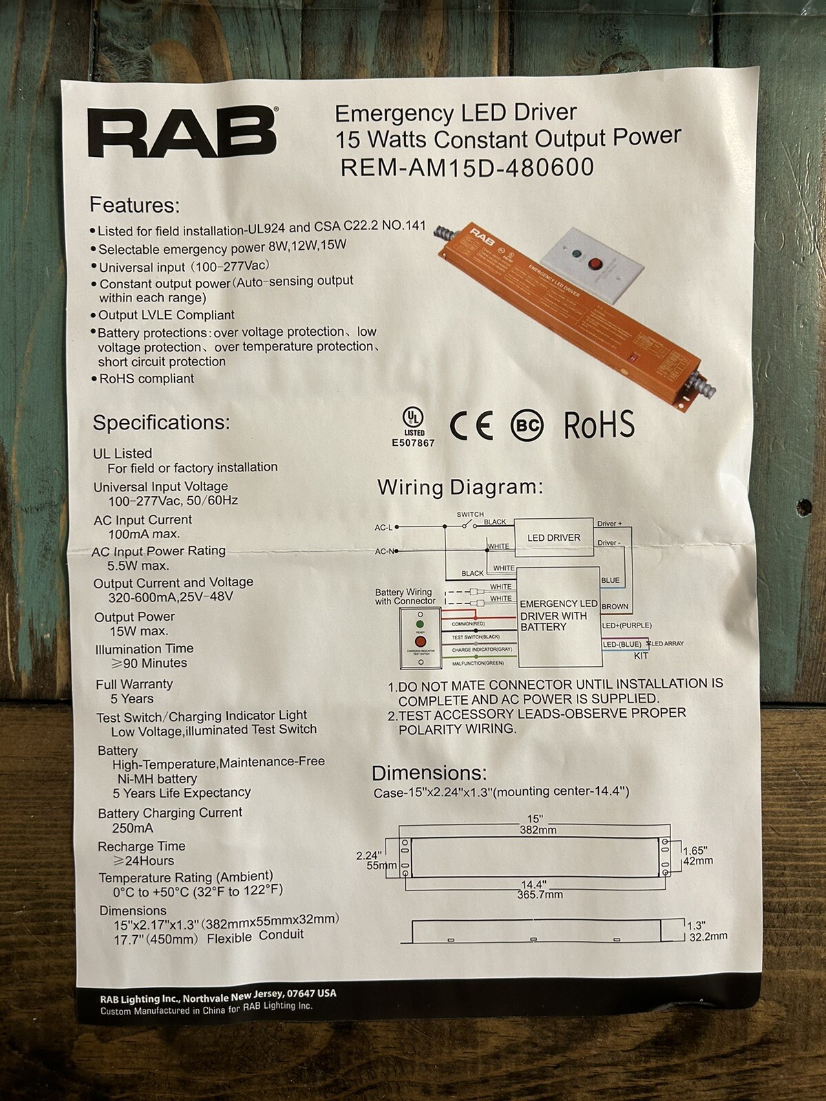 RAB EMERGENCY LED DRIVER 100-277VAC REM-AM15D-480600