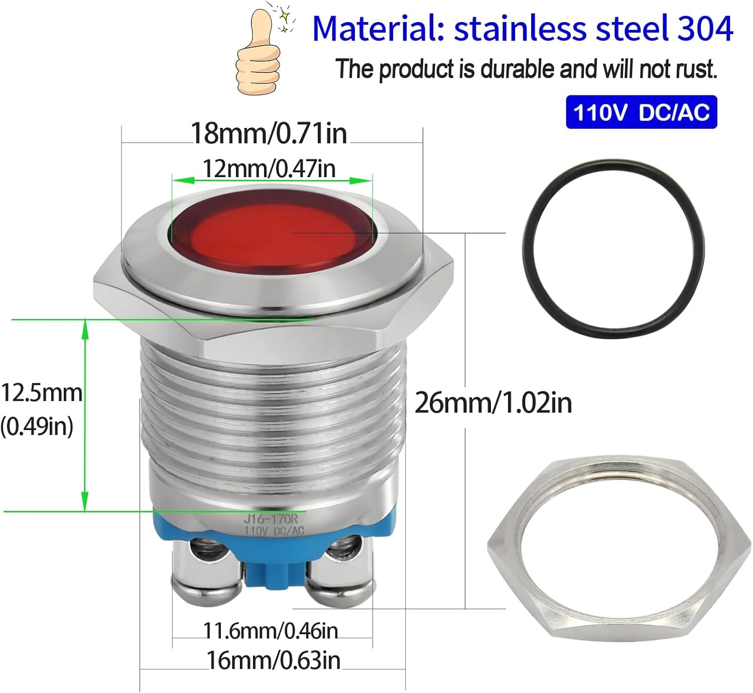 16mm 5/8 Inch LED Signal Indicator Light 110V 120V AC DC Indicator Light