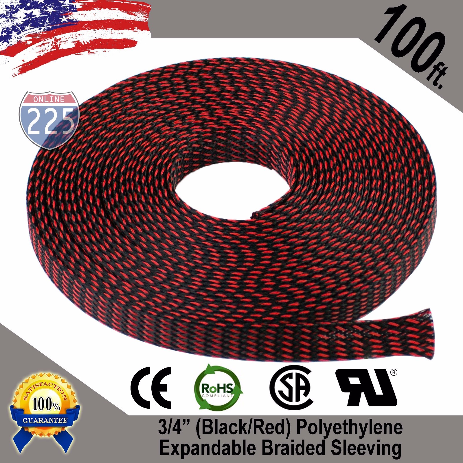 100 FT 3/4″ Black Red Expandable Wire Sleeving Sheathing Braided Loom Tubing US