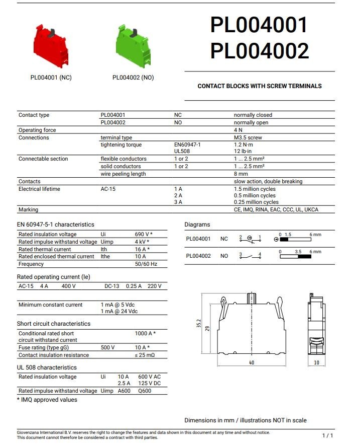 Giovenzana PL004002 Contact Block 1 NO